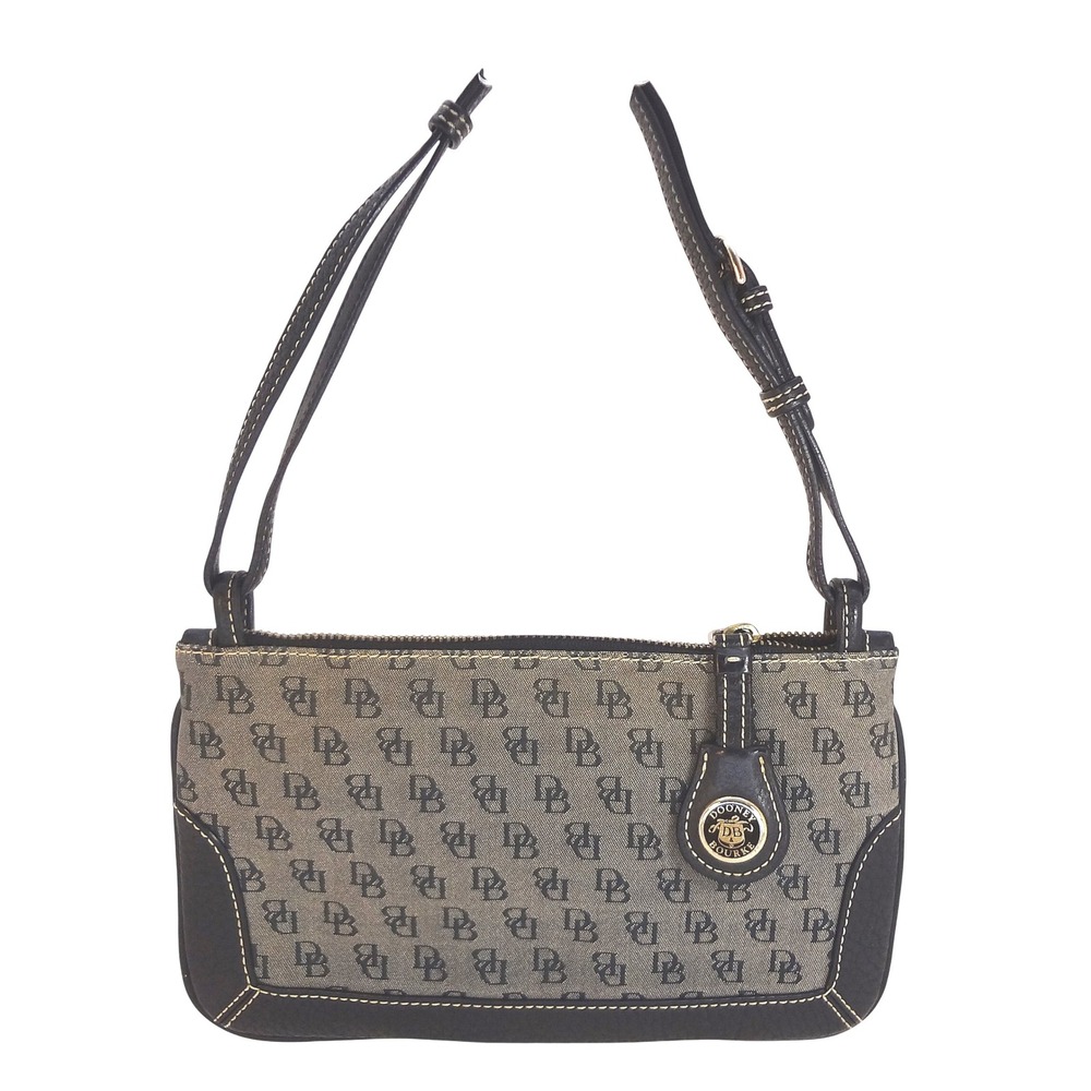 Vintage Dooney Bourke Signature Canvas Grey Black‎ Leather Trim Shoulder Bag COA